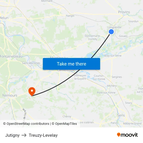Jutigny to Treuzy-Levelay map
