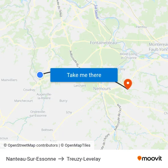 Nanteau-Sur-Essonne to Treuzy-Levelay map