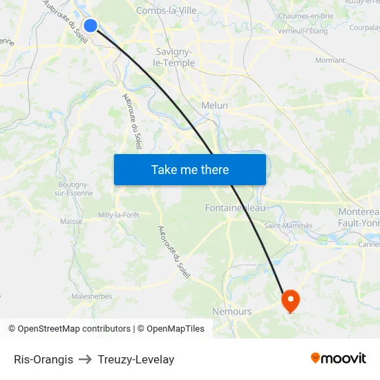 Ris-Orangis to Treuzy-Levelay map