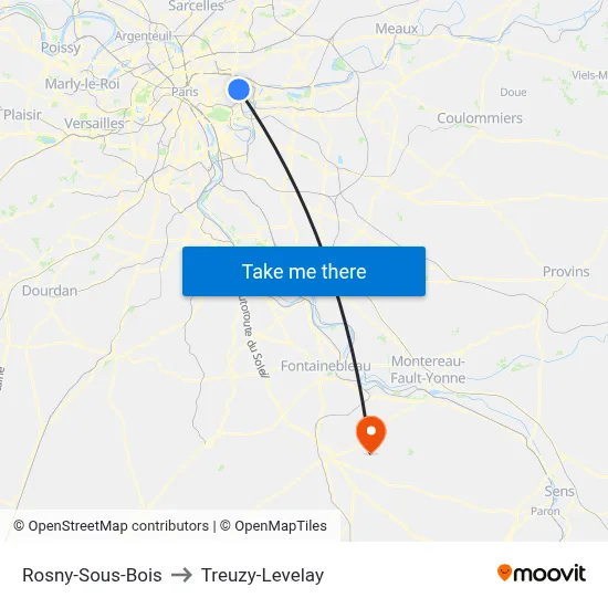 Rosny-Sous-Bois to Treuzy-Levelay map