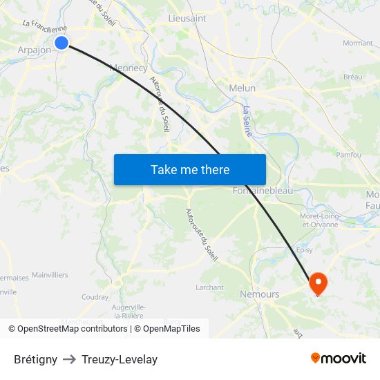 Brétigny to Treuzy-Levelay map