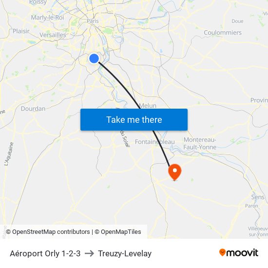 Aéroport Orly 1-2-3 to Treuzy-Levelay map