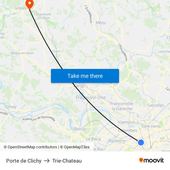 Porte de Clichy to Trie-Chateau map
