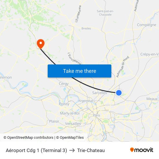 Aéroport Cdg 1 (Terminal 3) to Trie-Chateau map