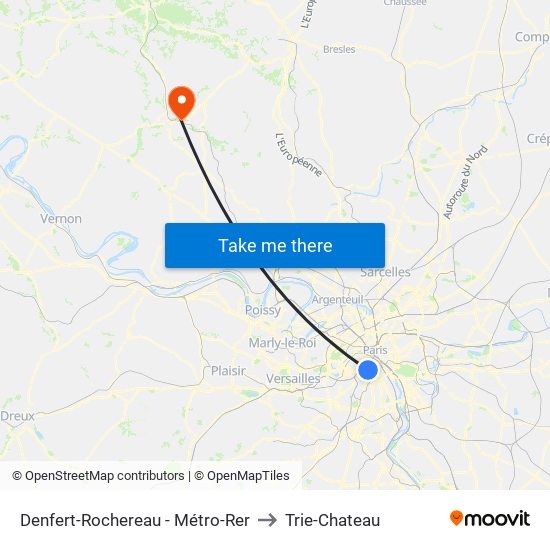 Denfert-Rochereau - Métro-Rer to Trie-Chateau map