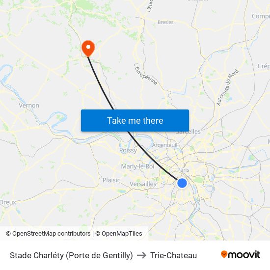 Stade Charléty (Porte de Gentilly) to Trie-Chateau map