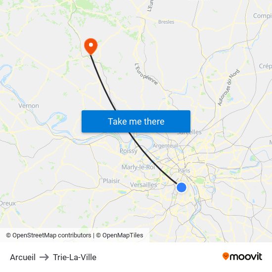 Arcueil to Trie-La-Ville map