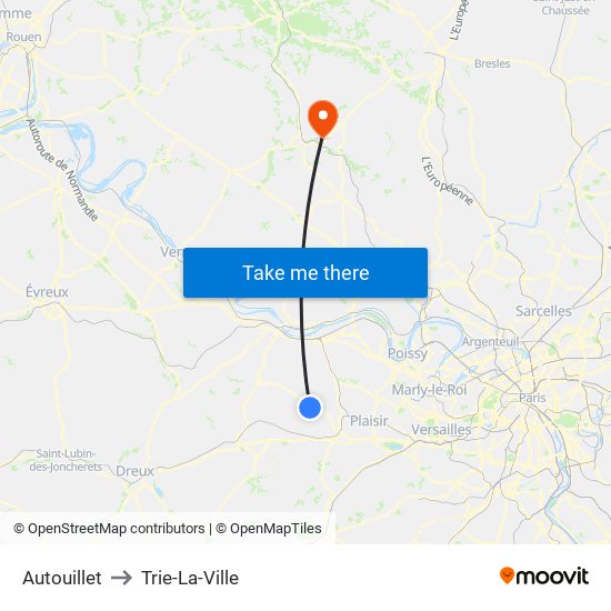 Autouillet to Trie-La-Ville map
