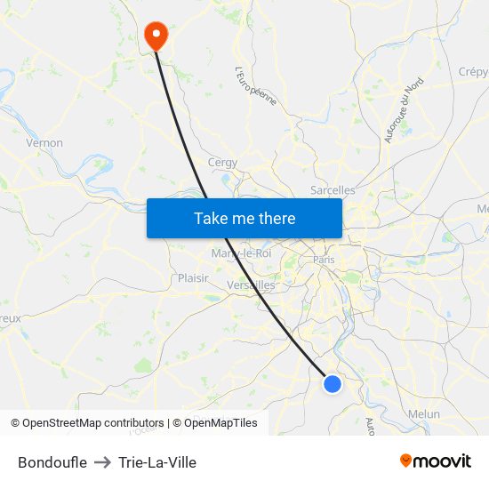Bondoufle to Trie-La-Ville map