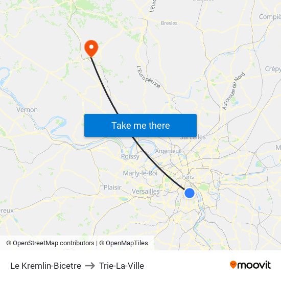 Le Kremlin-Bicetre to Trie-La-Ville map