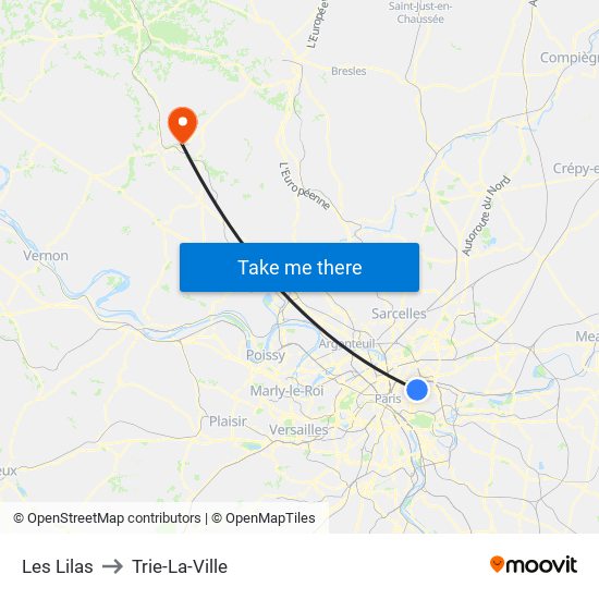 Les Lilas to Trie-La-Ville map