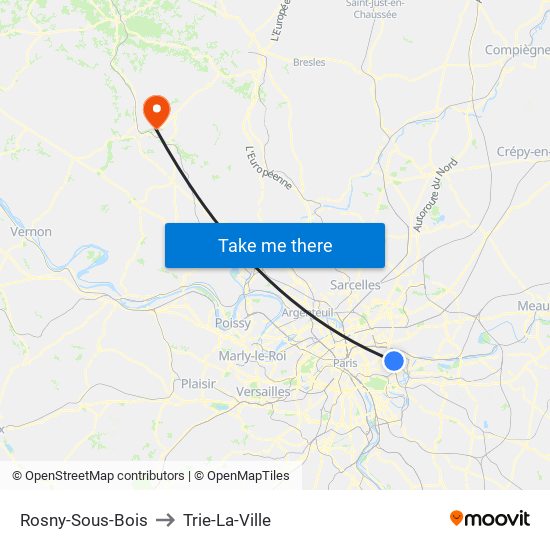 Rosny-Sous-Bois to Trie-La-Ville map