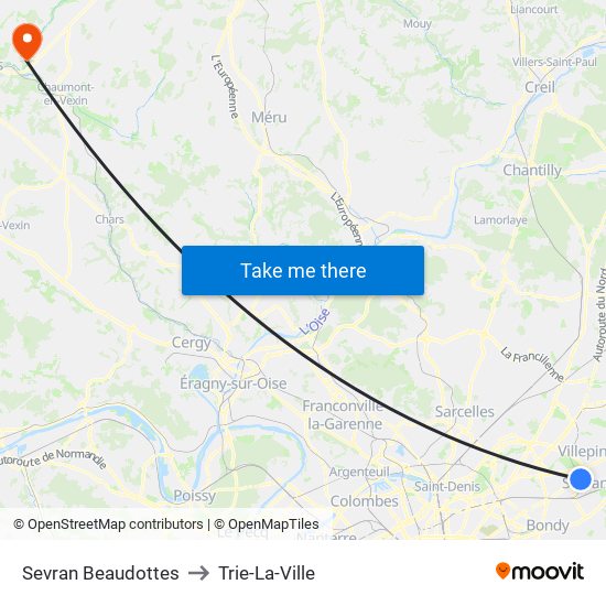 Sevran Beaudottes to Trie-La-Ville map