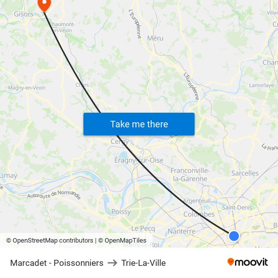 Marcadet - Poissonniers to Trie-La-Ville map