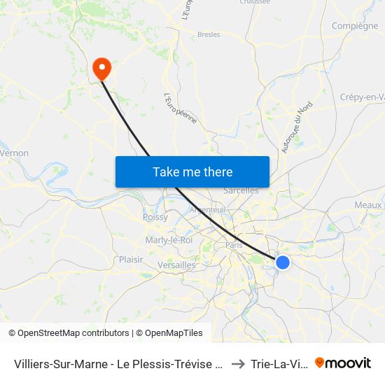 Villiers-Sur-Marne - Le Plessis-Trévise RER to Trie-La-Ville map