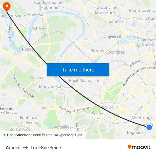 Arcueil to Triel-Sur-Seine map