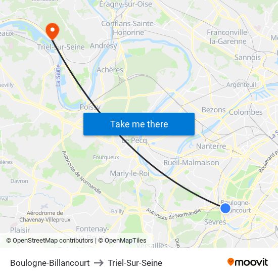 Boulogne-Billancourt to Triel-Sur-Seine map