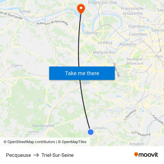 Pecqueuse to Triel-Sur-Seine map