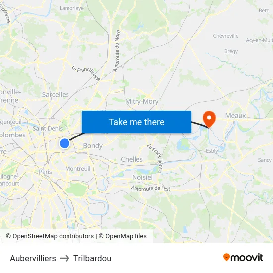 Aubervilliers to Trilbardou map