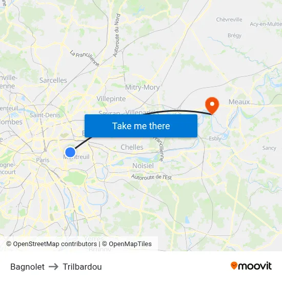 Bagnolet to Trilbardou map