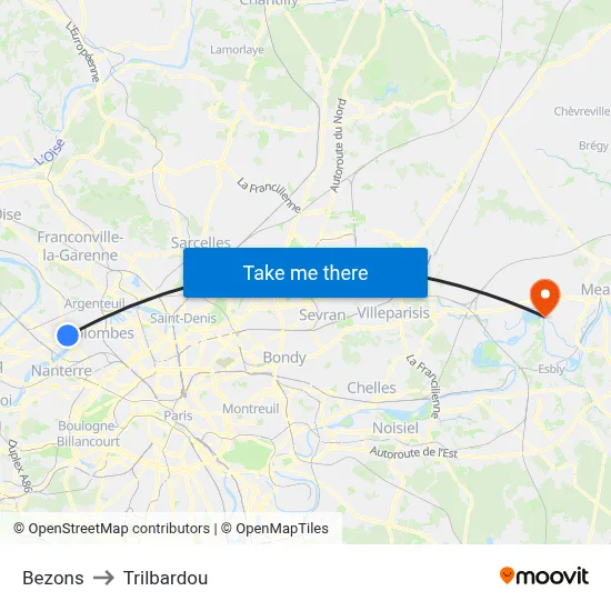 Bezons to Trilbardou map
