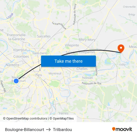 Boulogne-Billancourt to Trilbardou map