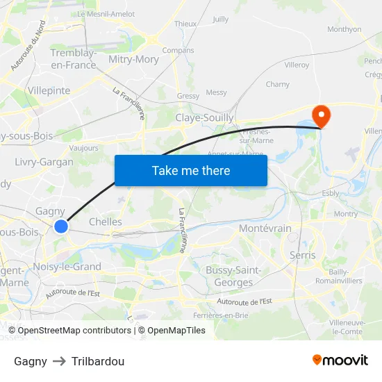 Gagny to Trilbardou map