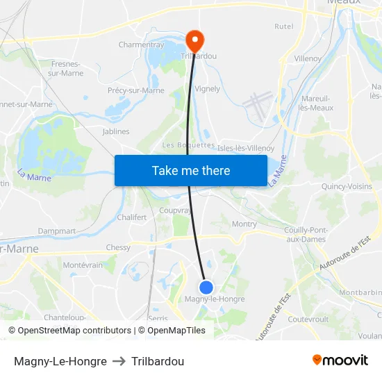 Magny-Le-Hongre to Trilbardou map