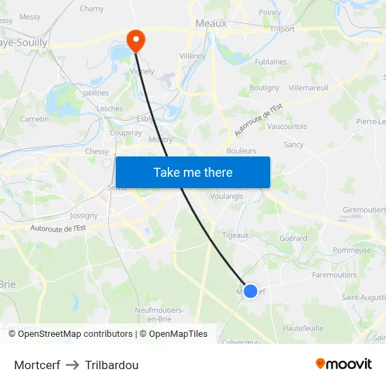 Mortcerf to Trilbardou map