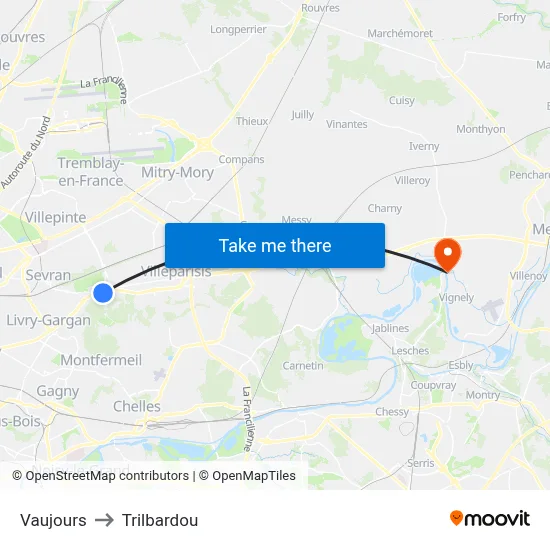 Vaujours to Trilbardou map