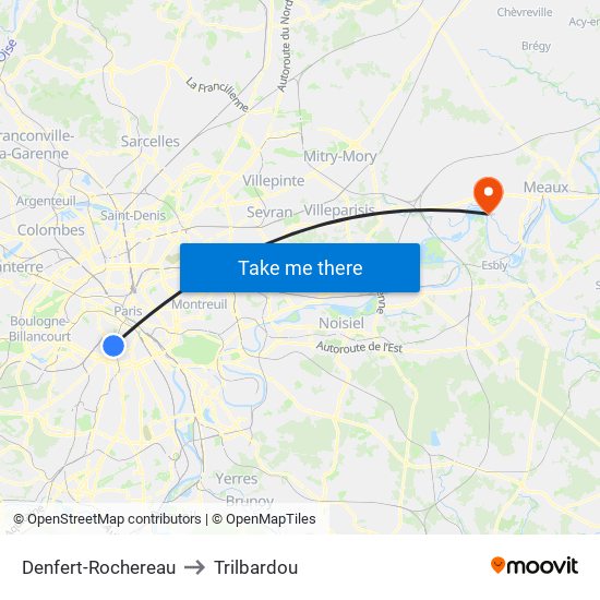 Denfert-Rochereau to Trilbardou map