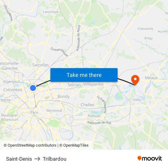 Saint-Denis to Trilbardou map