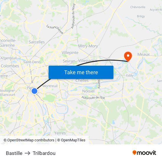 Bastille to Trilbardou map