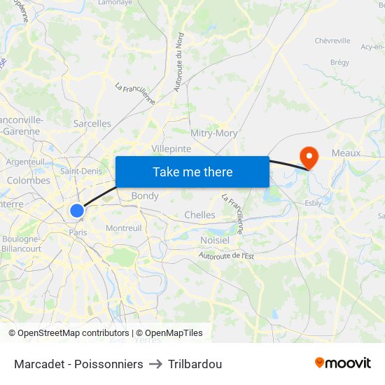 Marcadet - Poissonniers to Trilbardou map
