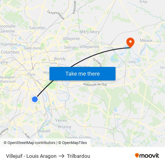Villejuif - Louis Aragon to Trilbardou map