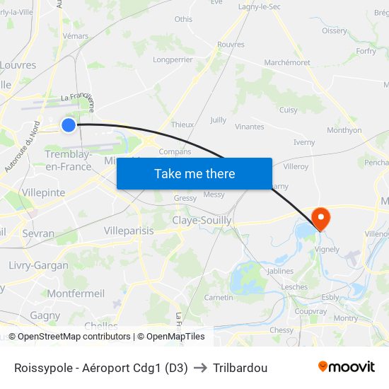 Roissypole - Aéroport Cdg1 (D3) to Trilbardou map