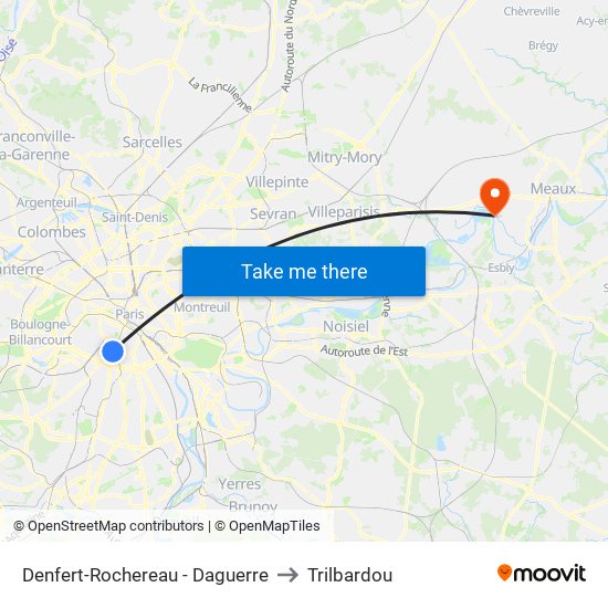 Denfert-Rochereau - Daguerre to Trilbardou map