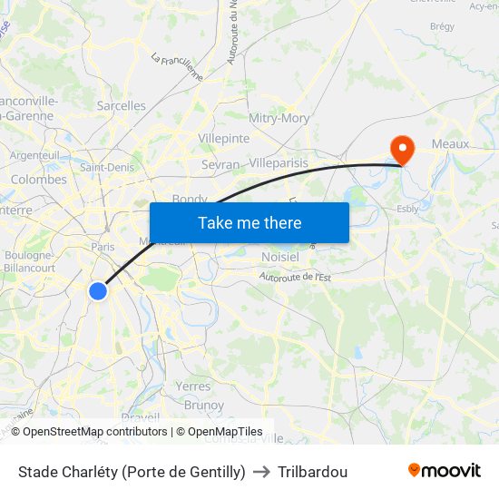 Stade Charléty (Porte de Gentilly) to Trilbardou map