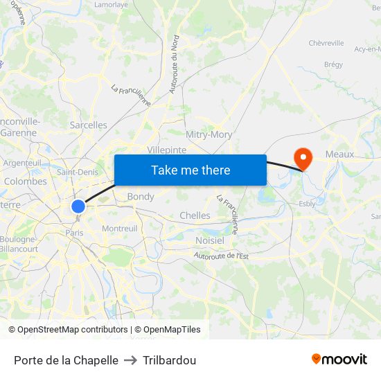Porte de la Chapelle to Trilbardou map