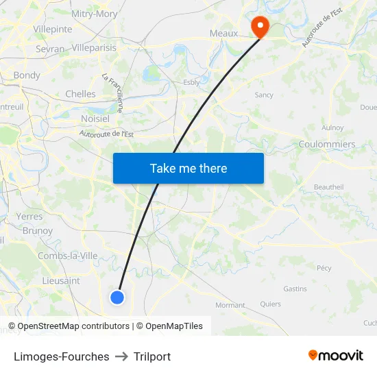 Limoges-Fourches to Trilport map