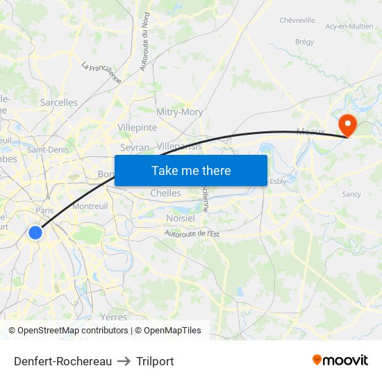 Denfert-Rochereau to Trilport map