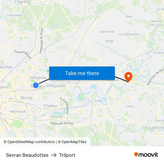 Sevran Beaudottes to Trilport map
