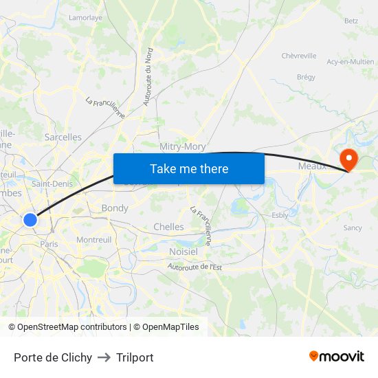Porte de Clichy to Trilport map