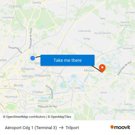 Aéroport Cdg 1 (Terminal 3) to Trilport map