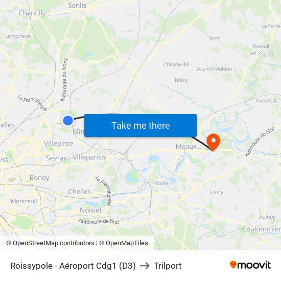 Roissypole - Aéroport Cdg1 (D3) to Trilport map