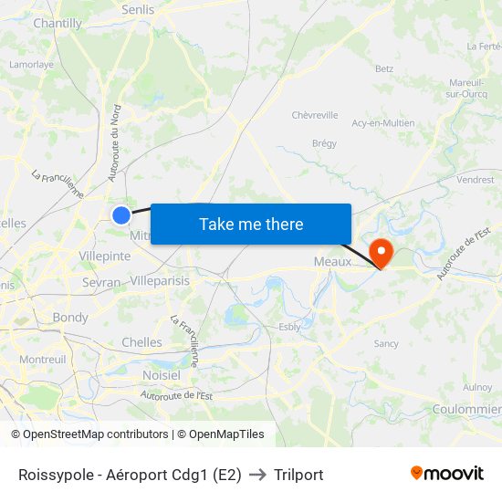 Roissypole - Aéroport Cdg1 (E2) to Trilport map