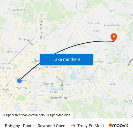 Bobigny - Pantin - Raymond Queneau to Trocy-En-Multien map