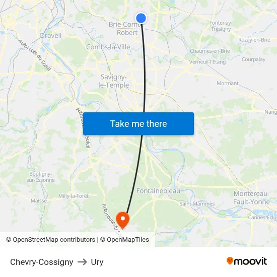Chevry-Cossigny to Ury map