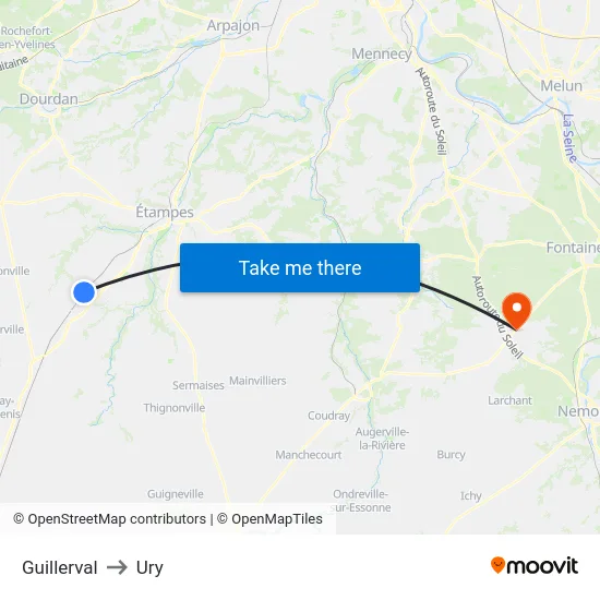 Guillerval to Ury map
