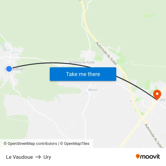 Le Vaudoue to Ury map